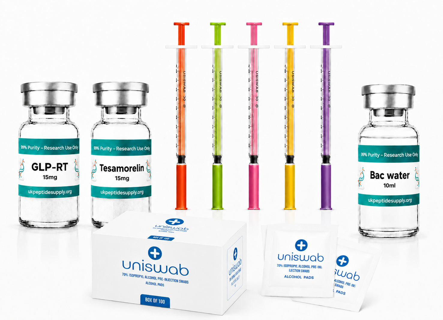 GLP-RT and Tesamorelin research peptide combo with bacteriostatic water